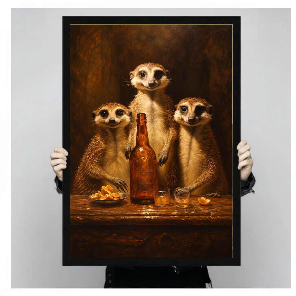 Person holding black framed three meerkats gathering artwork against a plain pale background.