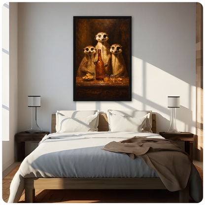 Three meerkats gathering canvas above a neutral bed with lamps and soft window light.