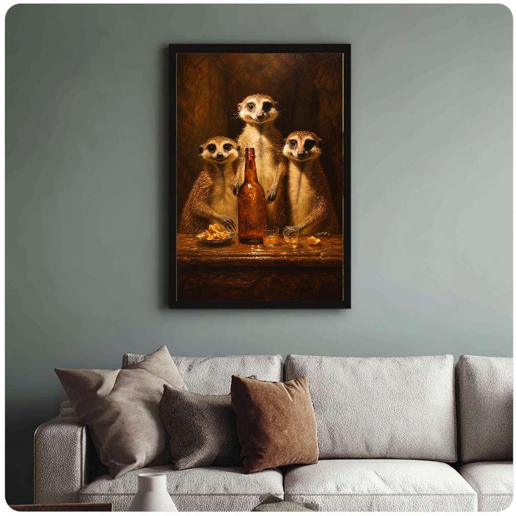 Framed three meerkats gathering painting above a sofa with muted cushions against a green-gray wall.