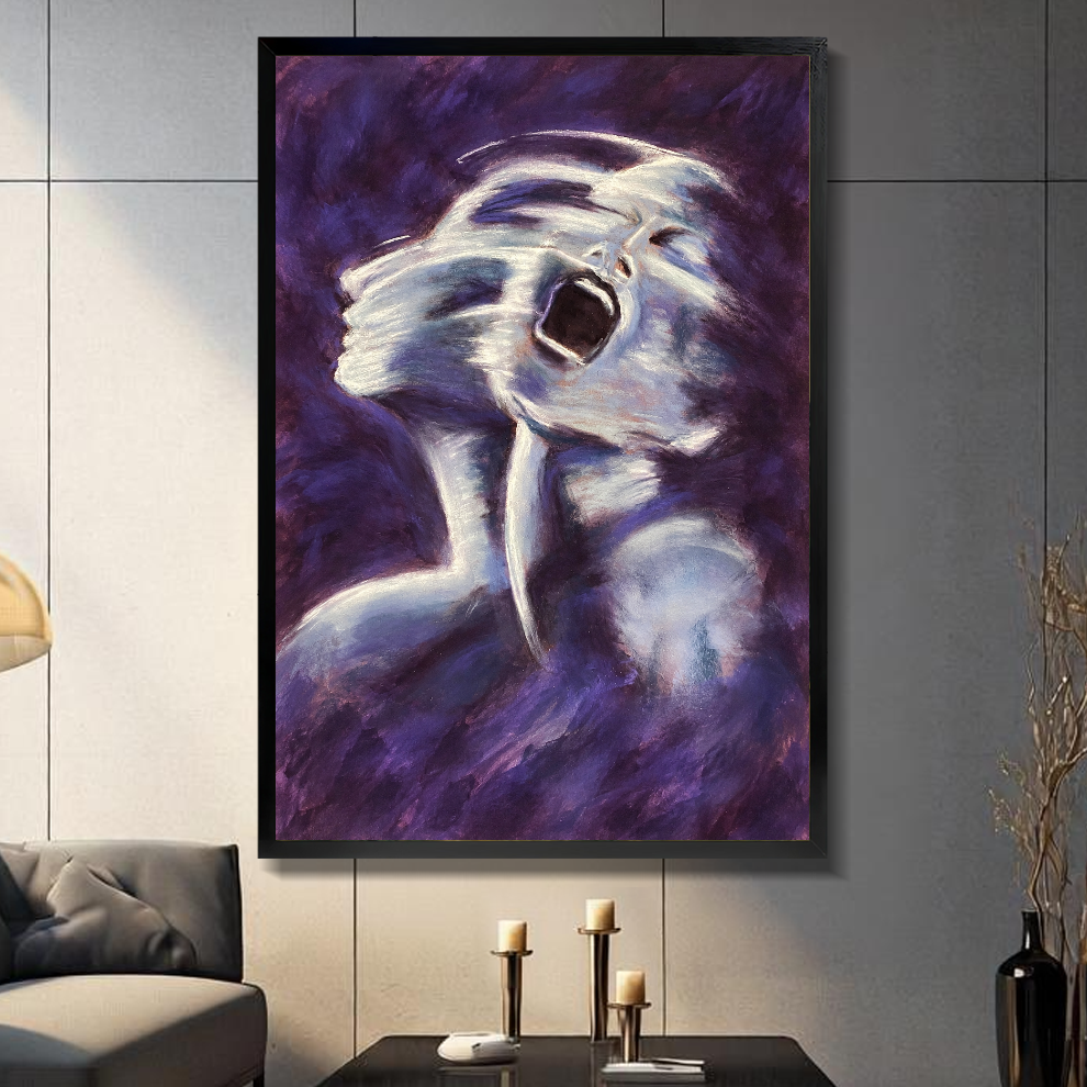 Black framed canvas depicting an expressive white ghost on purple on a gray paneled wall with candles.