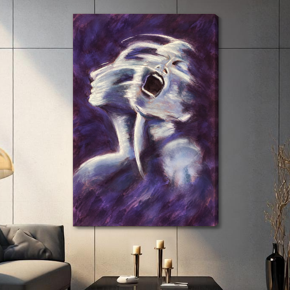 Stretched canvas depicting an expressive white ghost on purple displayed on a gray paneled wall with candles.