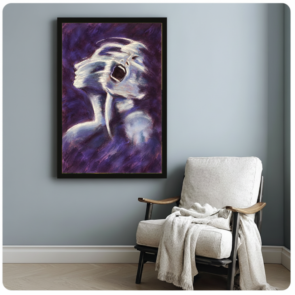 Framed artwork of an expressive white ghost on purple beside a pale reading chair against a gray wall.
