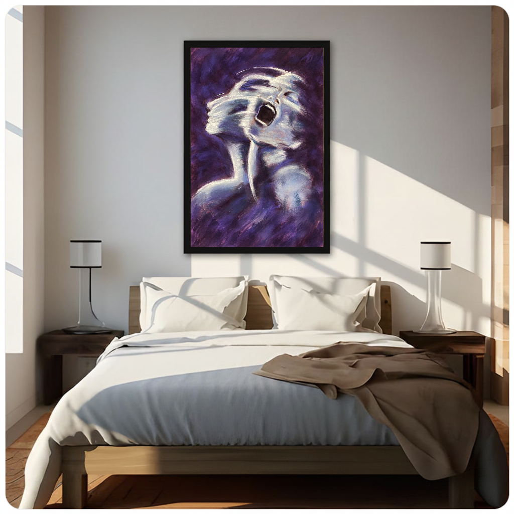 Framed artwork of an expressive white ghost on purple above a neutral bed between two bedside lamps.