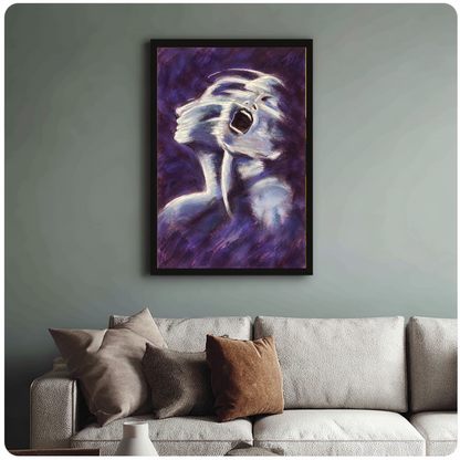 Framed artwork of an expressive white ghost on purple above a sofa with muted cushions.