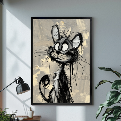 Black framed scribbly black cat canvas above a bright desk with lamp and green plant.
