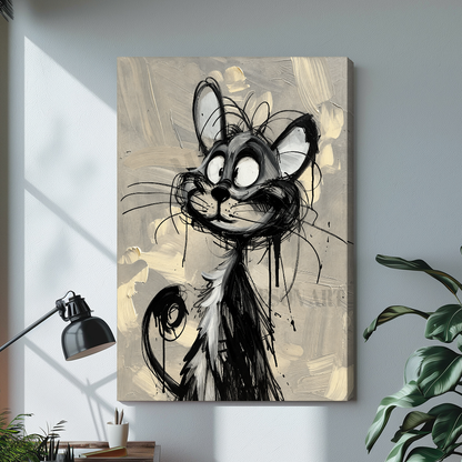 Stretched scribbly black cat canvas above a light desk, showing a shaded wrapped side edge.