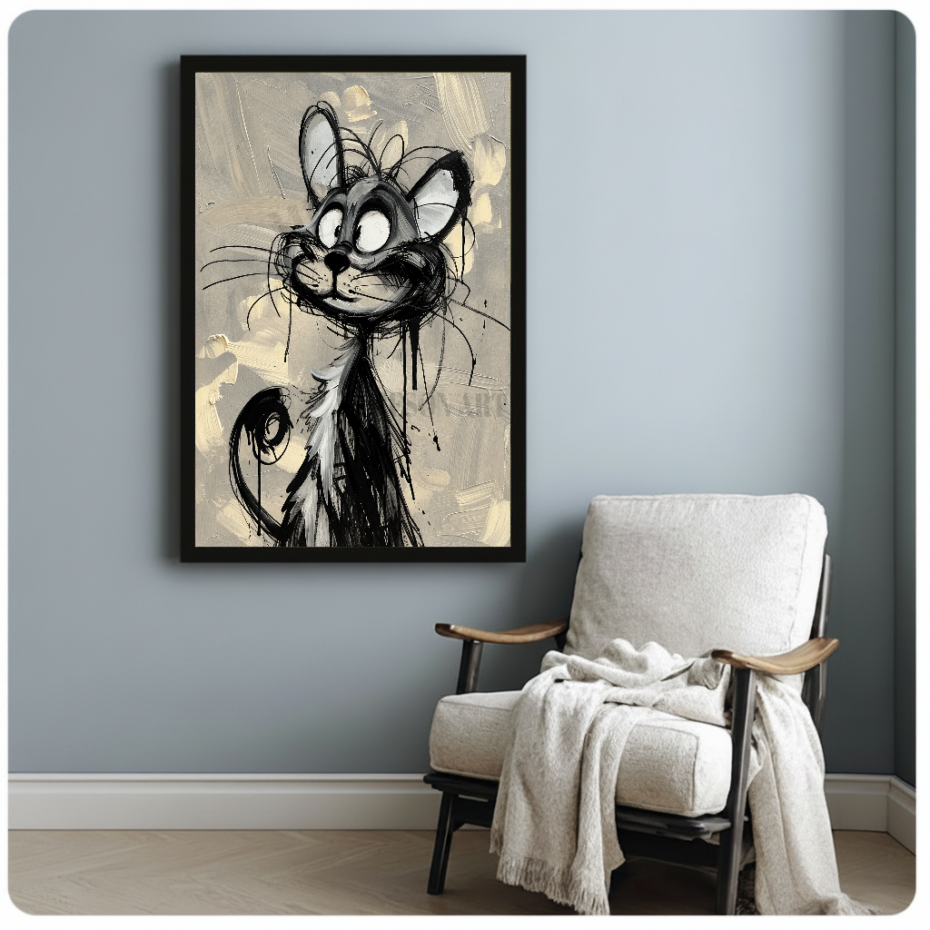 Framed scribbly black cat artwork beside a pale reading chair against a blue-gray wall.