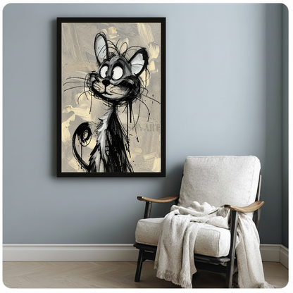 Framed scribbly black cat artwork beside a pale reading chair against a blue-gray wall.