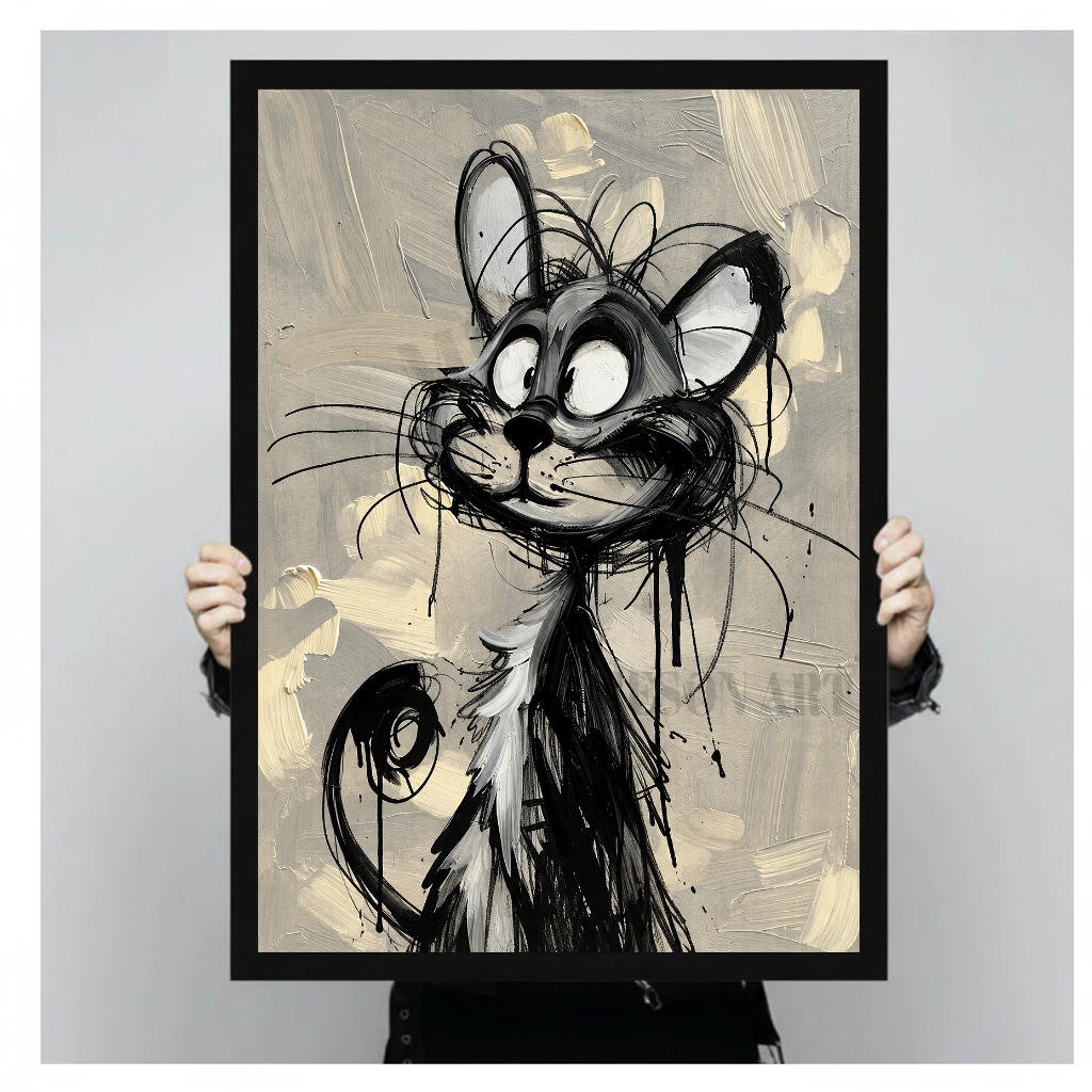 Person holding black framed scribbly black cat artwork against a plain pale background.