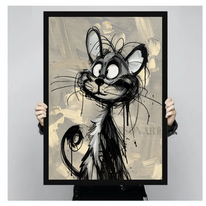 Person holding black framed scribbly black cat artwork against a plain pale background.