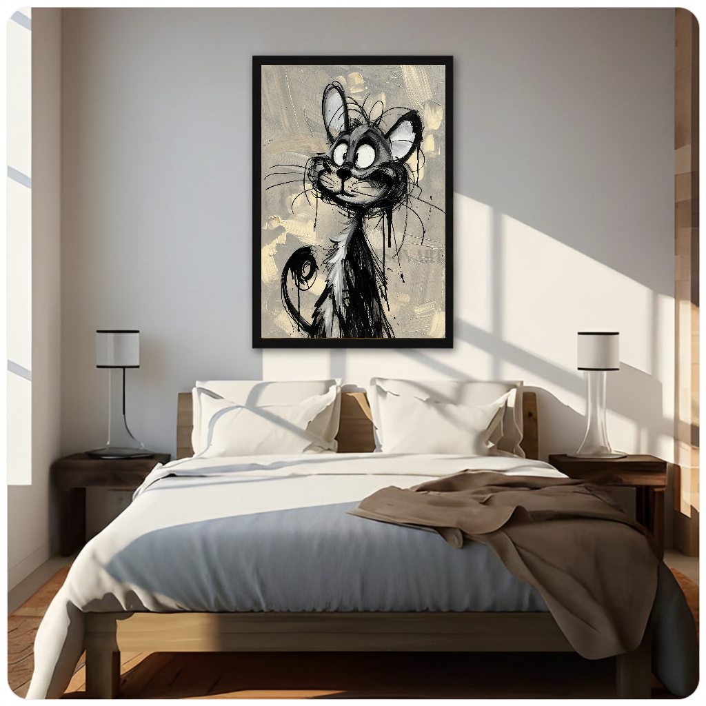 Scribbly black cat canvas above a neutral bed with lamps and soft window light.
