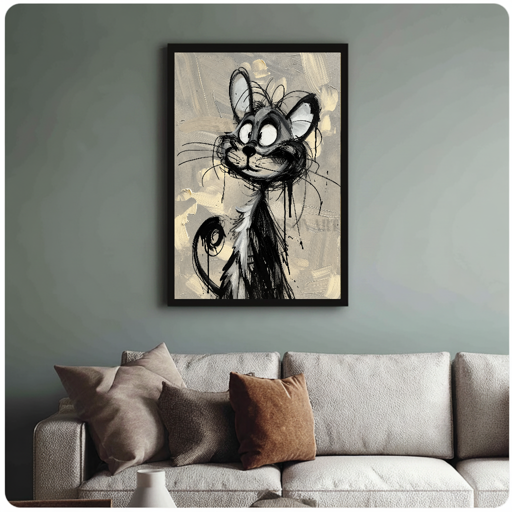 Framed scribbly black cat painting above a sofa with muted cushions against a green-gray wall.