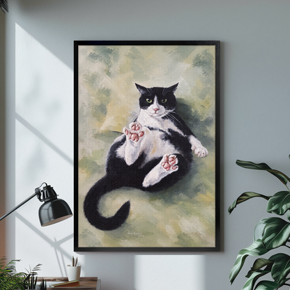 Black framed relaxed tuxedo cat canvas above a desk with lamp and green plant.