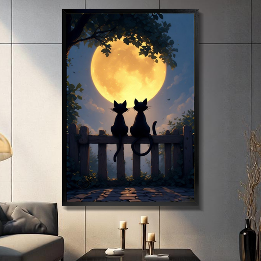 Black framed moonlit cat canvas on a paneled wall above a sofa and candles.