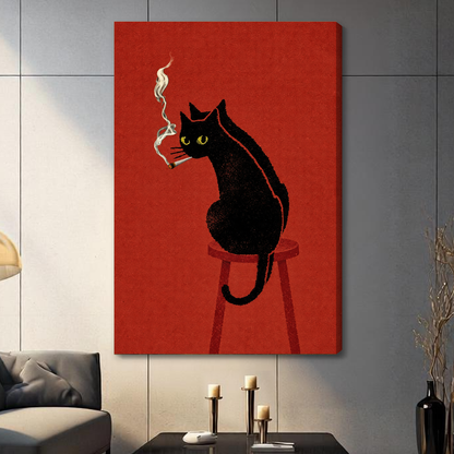 Stretched smoking black cat canvas in a paneled living room with a shaded wrapped edge.