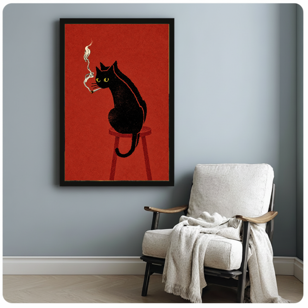 Framed smoking black cat artwork beside a pale reading chair against a blue-gray wall.
