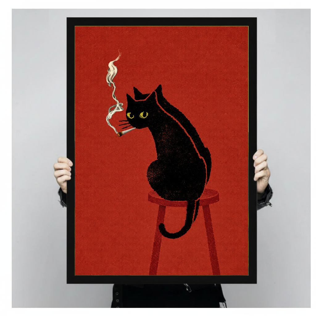 Person holding black framed smoking black cat artwork against a plain pale background.