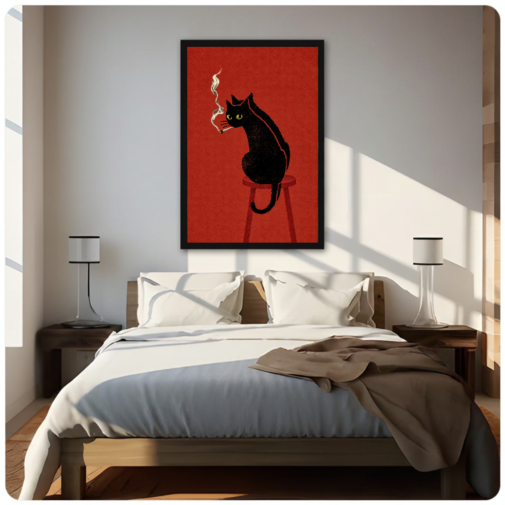 Smoking black cat canvas above a neutral bed with lamps and soft window light.