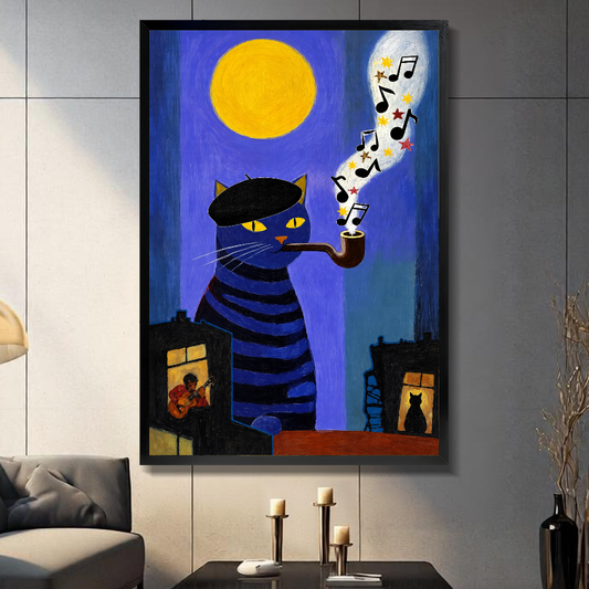 Black framed canvas depicting a blue cat with musical pipe smoke on a gray paneled wall with candles.
