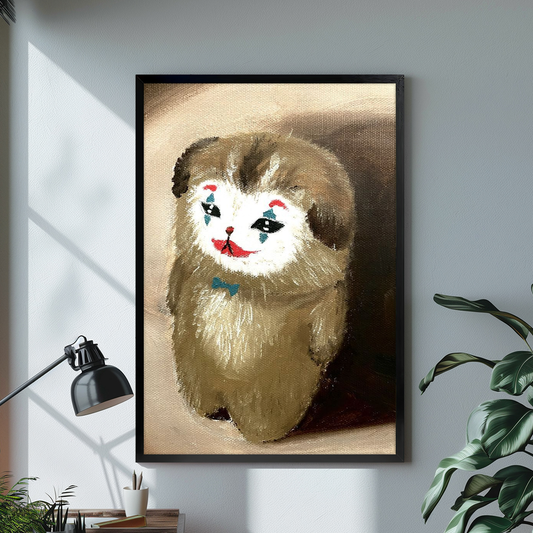 Black framed canvas depicting a puppy with colorful clown makeup on a bright desk with a lamp.