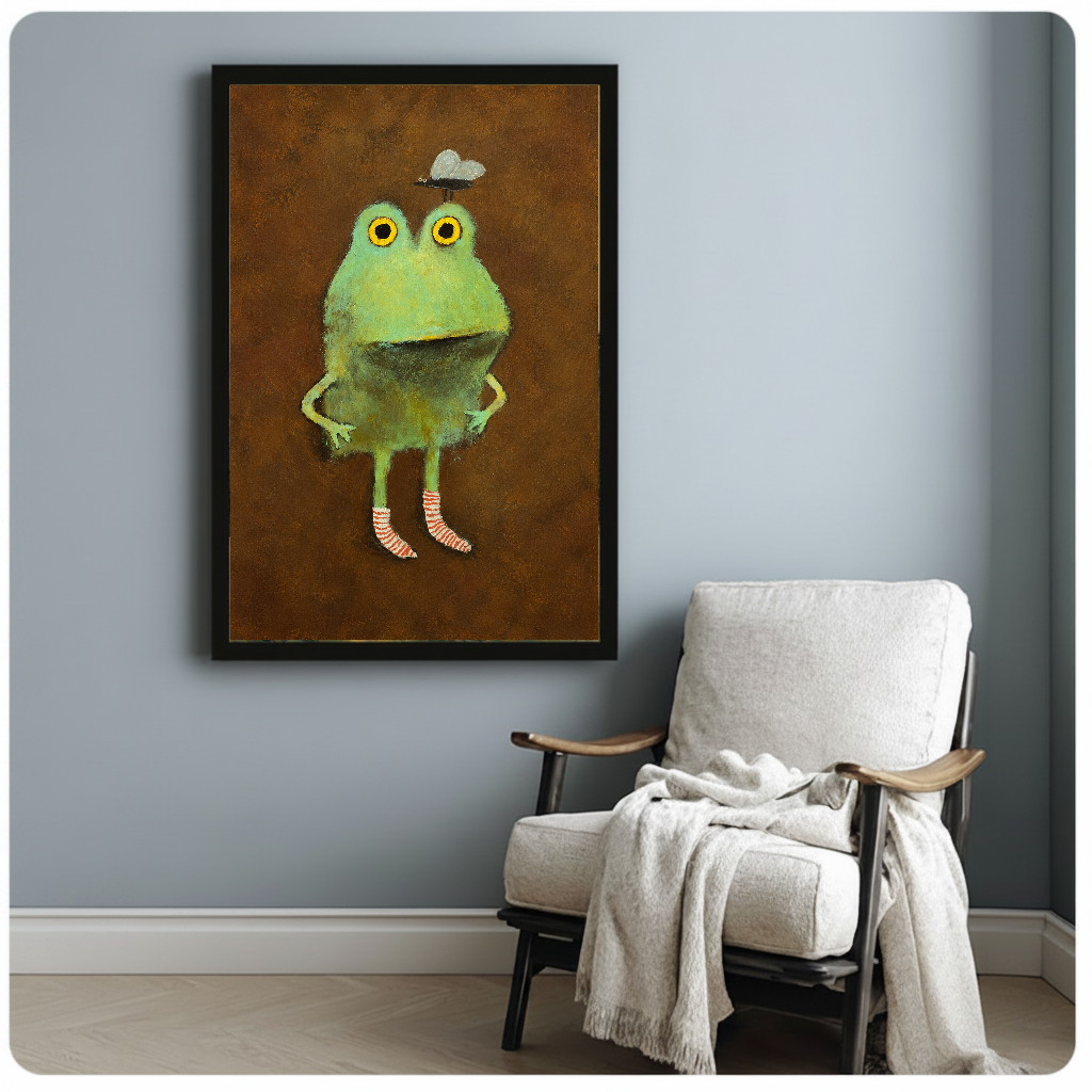 Framed artwork of a green frog wearing striped socks beside a pale reading chair against a gray wall.