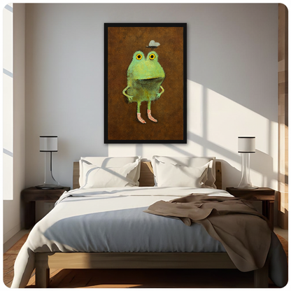 Framed artwork of a green frog wearing striped socks above a neutral bed between two bedside lamps.
