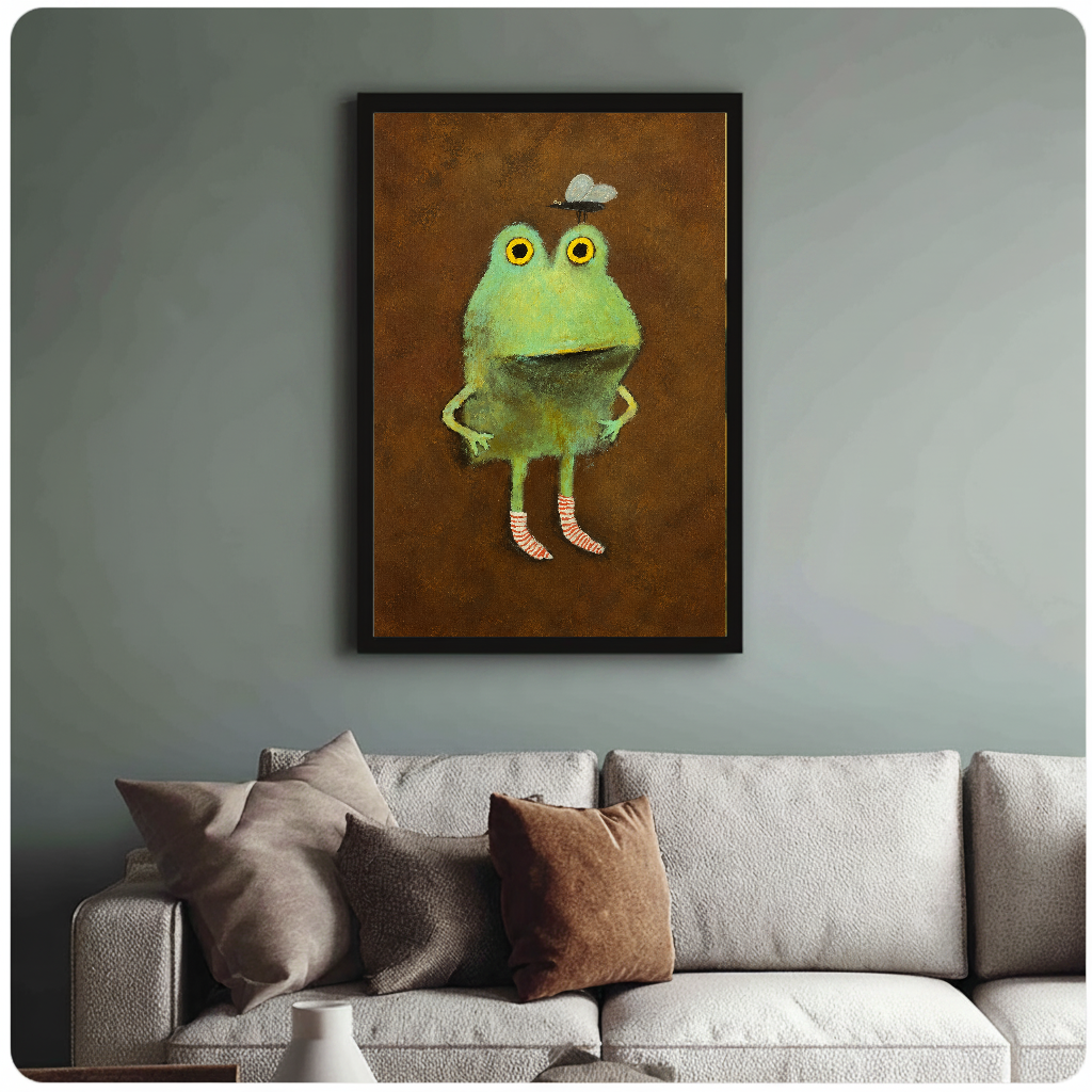 Framed artwork of a green frog wearing striped socks above a sofa with muted cushions.
