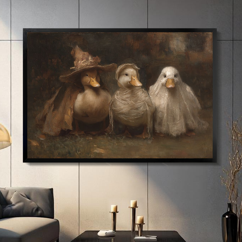 Black framed canvas depicting three ducks wearing Halloween costumes on a gray paneled wall with candles.