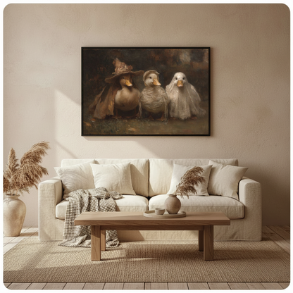 Framed artwork of three ducks wearing Halloween costumes above a cream sofa with neutral cushions.