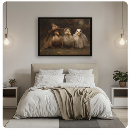 Framed artwork of three ducks wearing Halloween costumes above a neutral double bed with hanging lights.