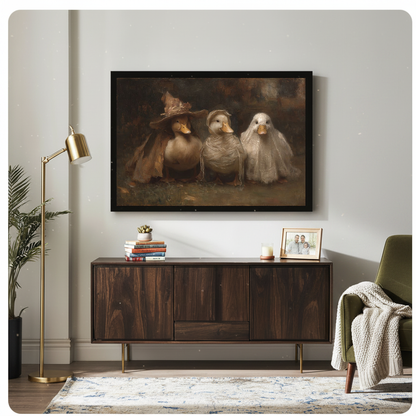 Framed artwork of three ducks wearing Halloween costumes above a wooden cabinet with a gold lamp.