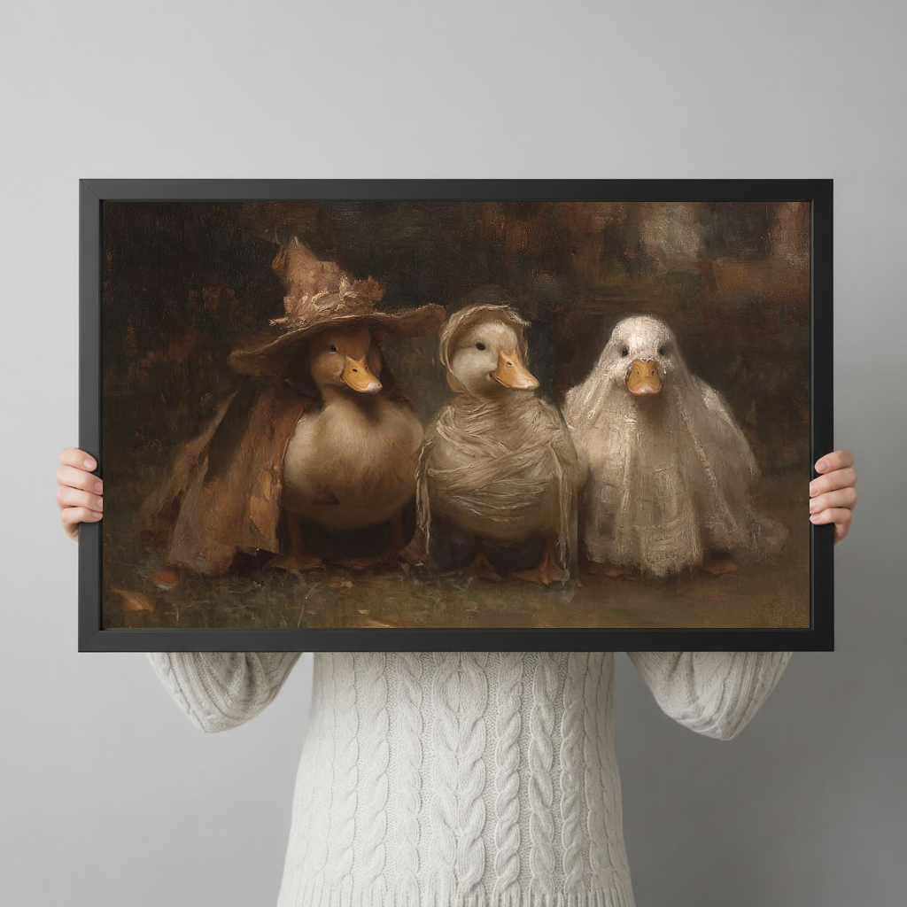 Framed artwork of three ducks wearing Halloween costumes held by a person against a pale backdrop.