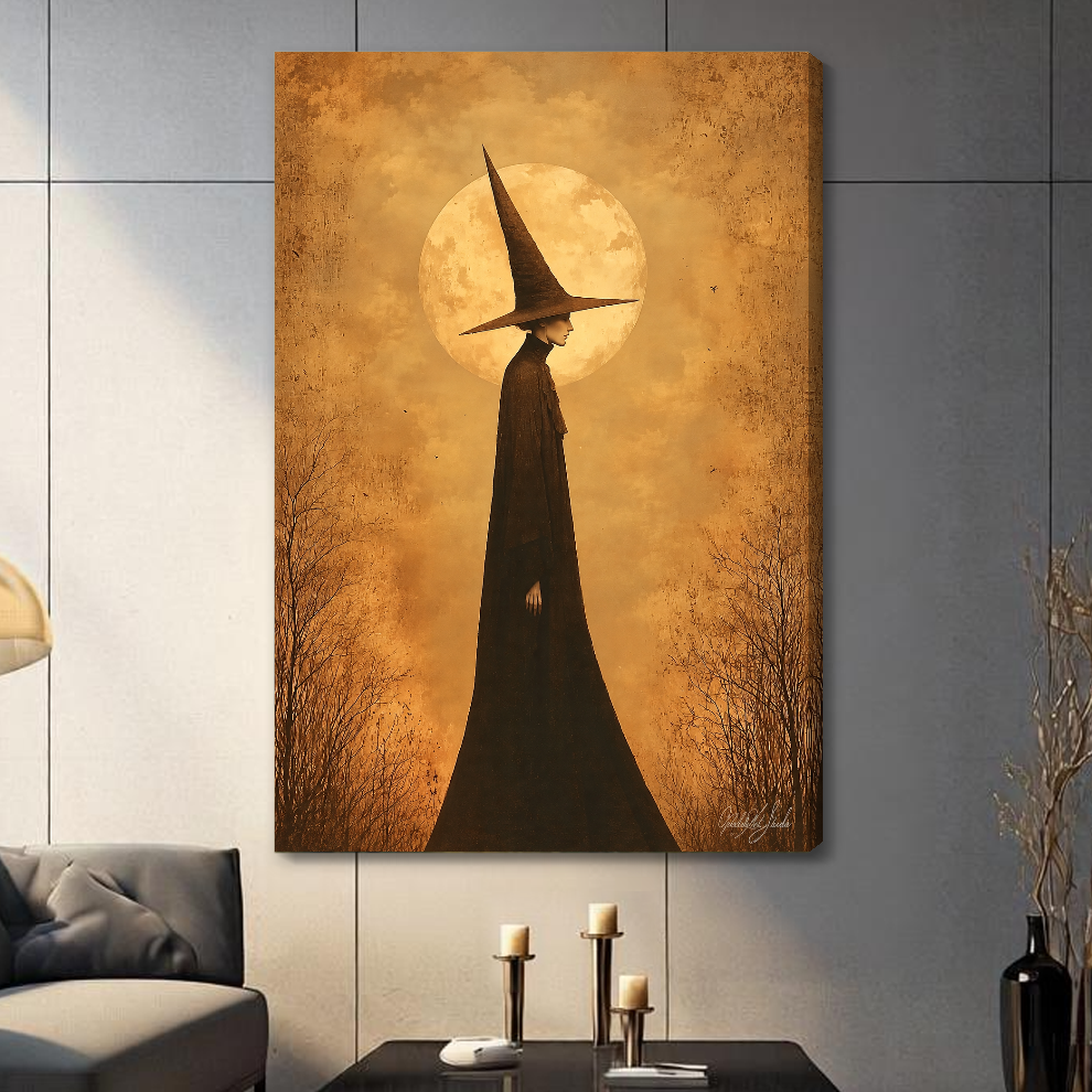 Stretched golden moon witch canvas in a paneled living room with a shaded wrapped edge.