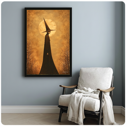 Framed golden moon witch artwork beside a pale reading chair against a blue-gray wall.