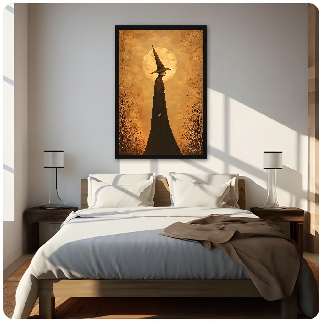 Golden moon witch canvas above a neutral bed with lamps and soft window light.