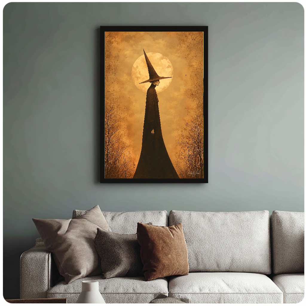Framed golden moon witch painting above a sofa with muted cushions against a green-gray wall.