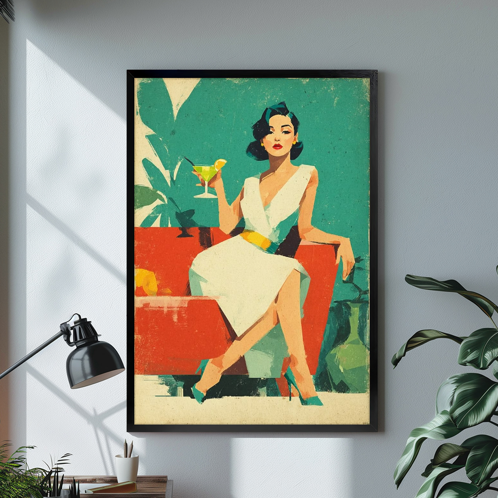 Black framed retro cocktail woman canvas above a bright desk with lamp and green plant.