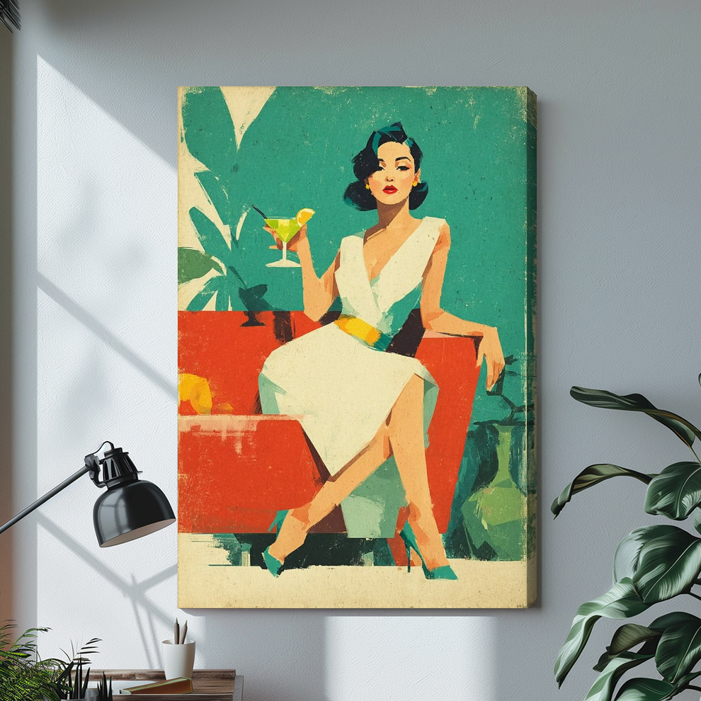 Stretched retro cocktail woman canvas above a light desk, showing a shaded wrapped side edge.