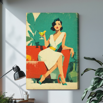 Stretched retro cocktail woman canvas above a light desk, showing a shaded wrapped side edge.