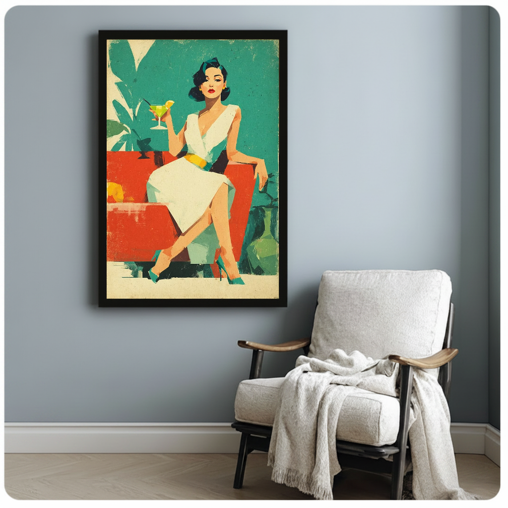 Framed retro cocktail woman artwork beside a pale reading chair against a blue-gray wall.
