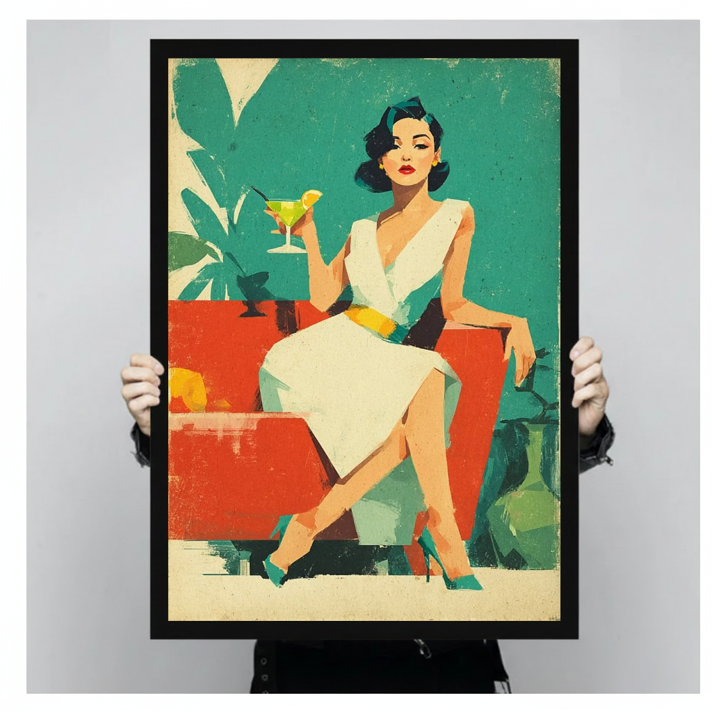 Person holding black framed retro cocktail woman artwork against a plain pale background.