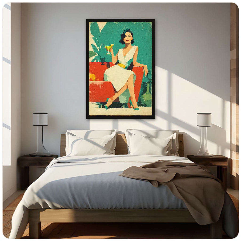 Retro cocktail woman canvas above a neutral bed with bedside lamps and soft window light.