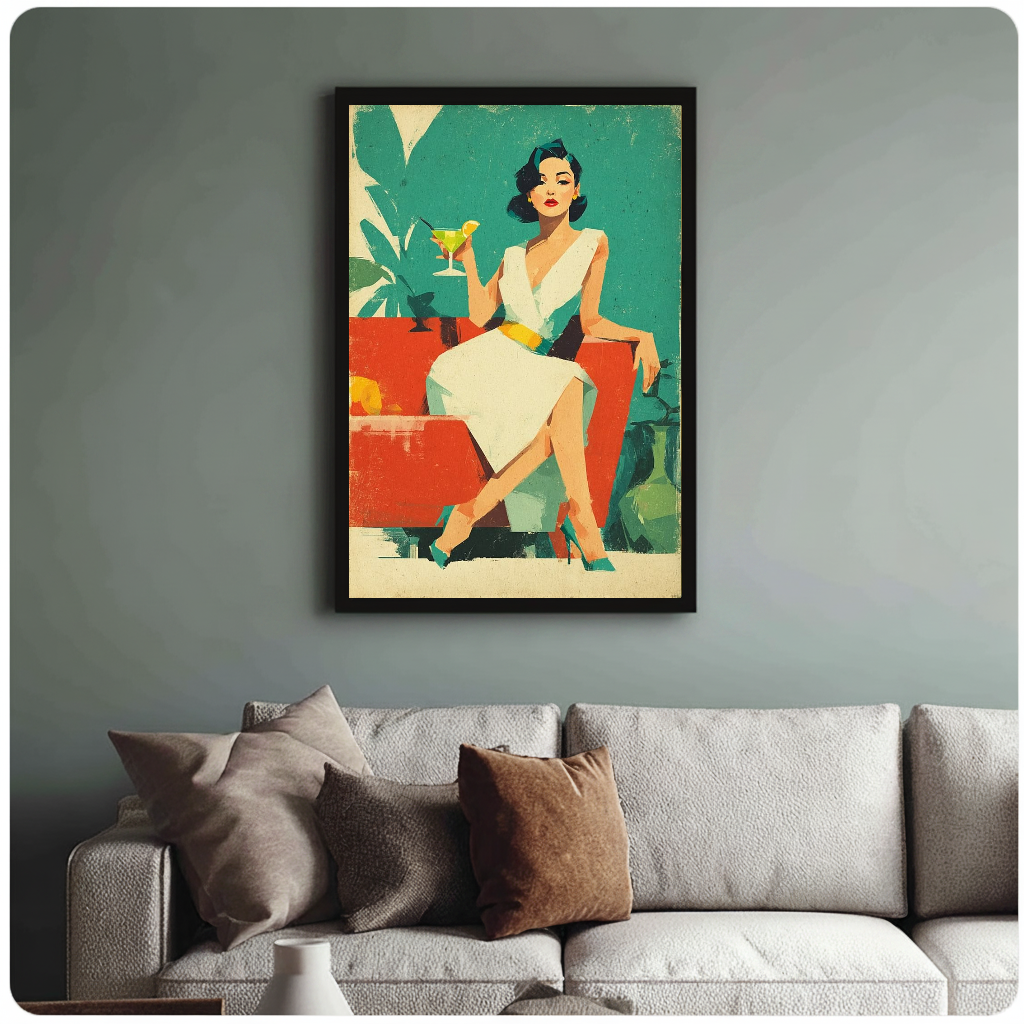 Framed retro cocktail woman painting above a sofa with muted cushions against a green-gray wall.
