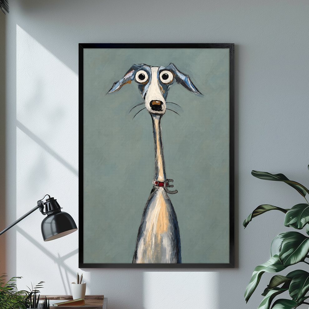 Black framed canvas depicting a long necked greyhound with wide eyes on a bright desk with a lamp.