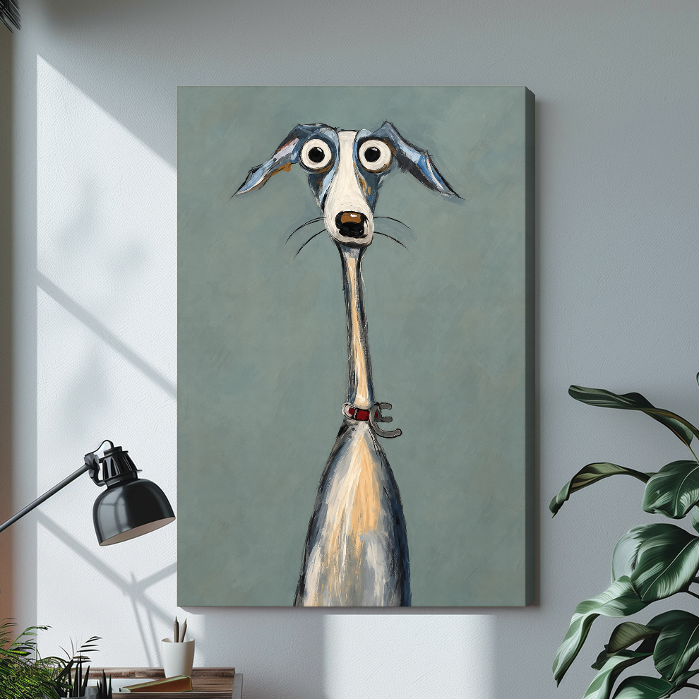 Stretched canvas depicting a long necked greyhound with wide eyes displayed on a bright desk with a lamp.