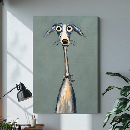 Stretched canvas depicting a long necked greyhound with wide eyes displayed on a bright desk with a lamp.