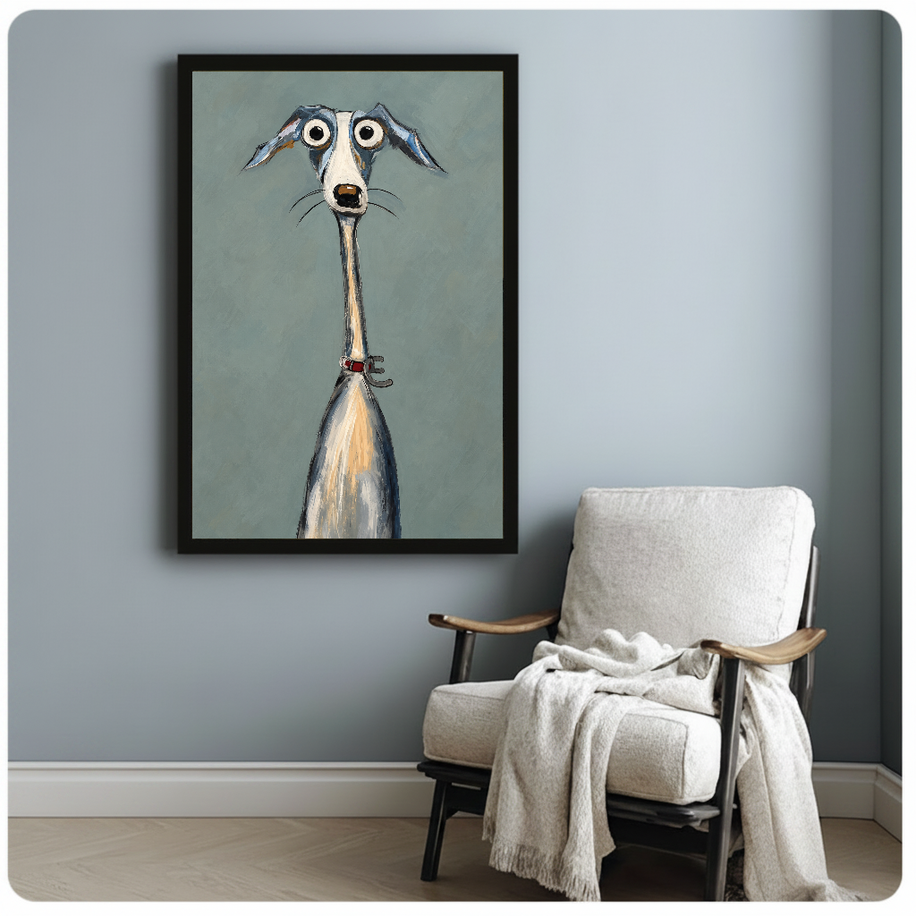 Framed artwork of a long necked greyhound with wide eyes beside a pale reading chair against a gray wall.