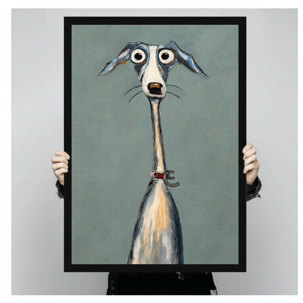 Framed artwork of a long necked greyhound with wide eyes held by a person against a pale backdrop.