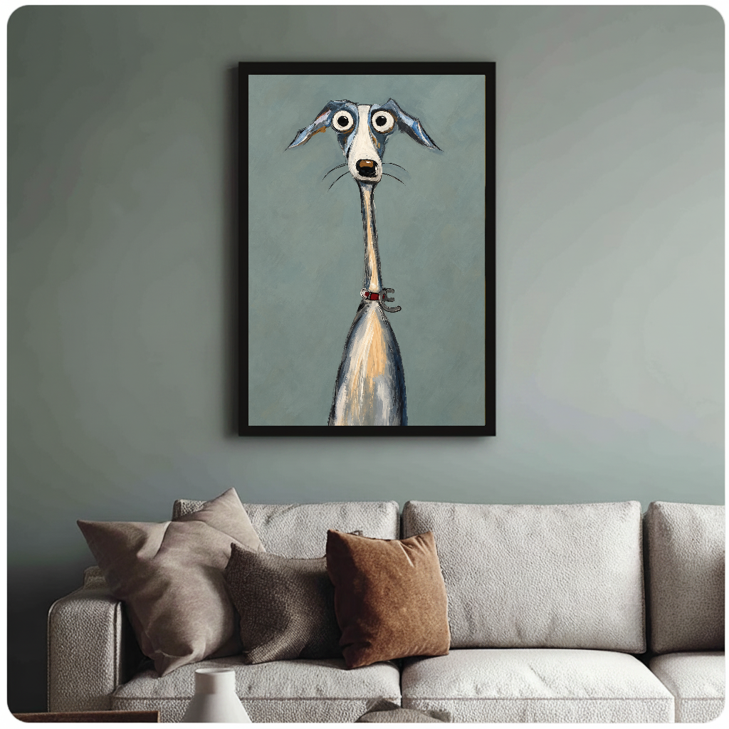 Framed artwork of a long necked greyhound with wide eyes above a sofa with muted cushions.
