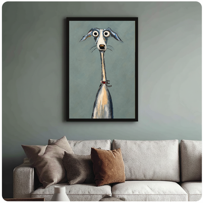 Framed artwork of a long necked greyhound with wide eyes above a sofa with muted cushions.